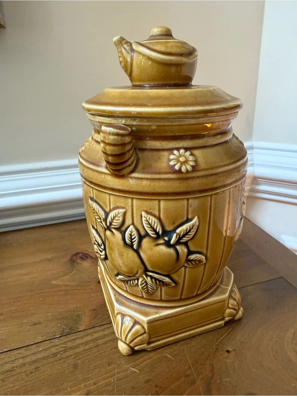 Vintage 1970s Marigold Ceramic pot-belly stove Canister with Fruit and Tea Motif